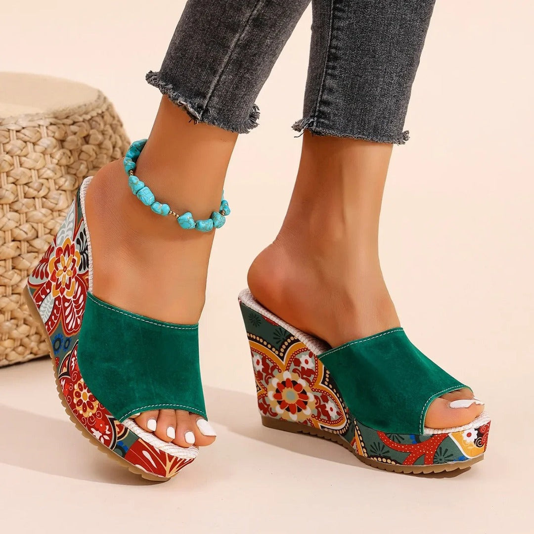 Women's Wedge Mule Sandals with Open Toe and Floral Print Platform
