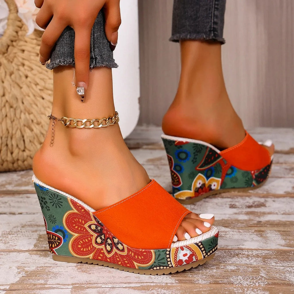 Women's Wedge Mule Sandals with Open Toe and Floral Print Platform