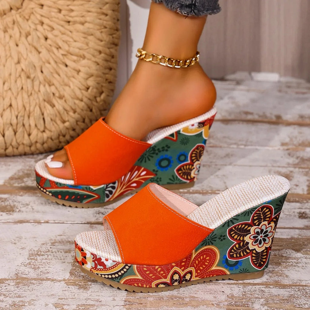 Women's Wedge Mule Sandals with Open Toe and Floral Print Platform