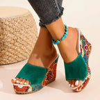 Women's Wedge Mule Sandals with Open Toe and Floral Print Platform