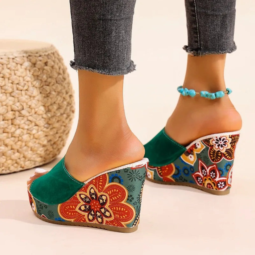 Women's Wedge Mule Sandals with Open Toe and Floral Print Platform