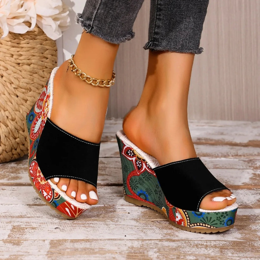 Women's Wedge Mule Sandals with Open Toe and Floral Print Platform