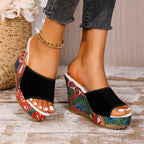Women's Wedge Mule Sandals with Open Toe and Floral Print Platform
