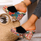 Women's Wedge Mule Sandals with Open Toe and Floral Print Platform