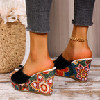 Women's Wedge Mule Sandals with Open Toe and Floral Print Platform