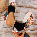Women's Wedge Mule Sandals with Open Toe and Floral Print Platform