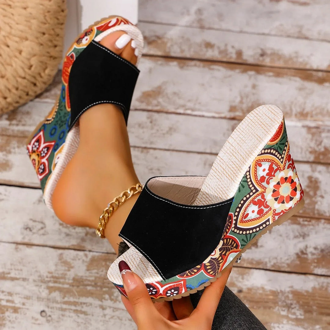 Women's Wedge Mule Sandals with Open Toe and Floral Print Platform