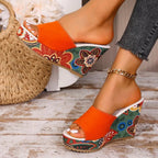 Women's Wedge Mule Sandals with Open Toe and Floral Print Platform