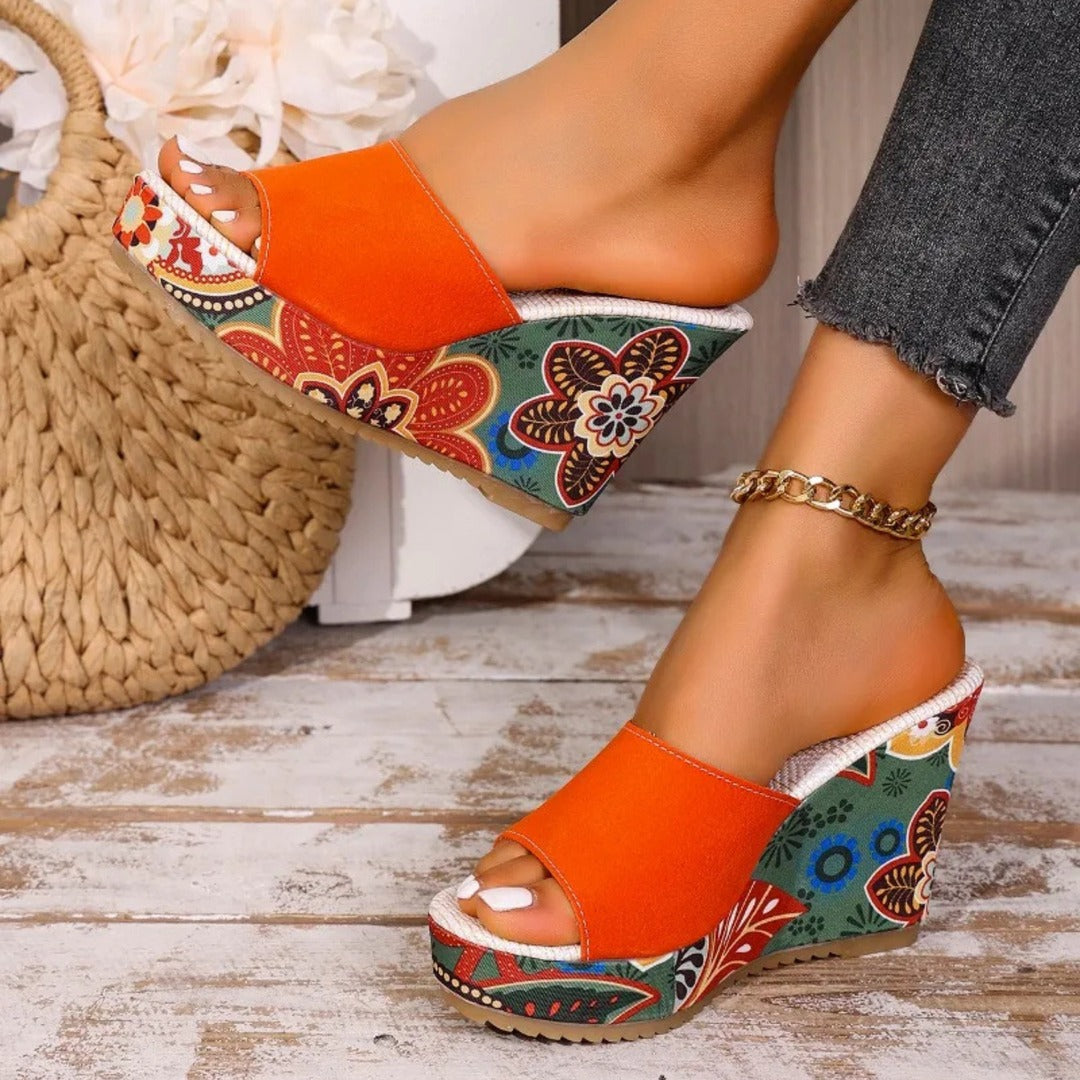 Women's Wedge Mule Sandals with Open Toe and Floral Print Platform