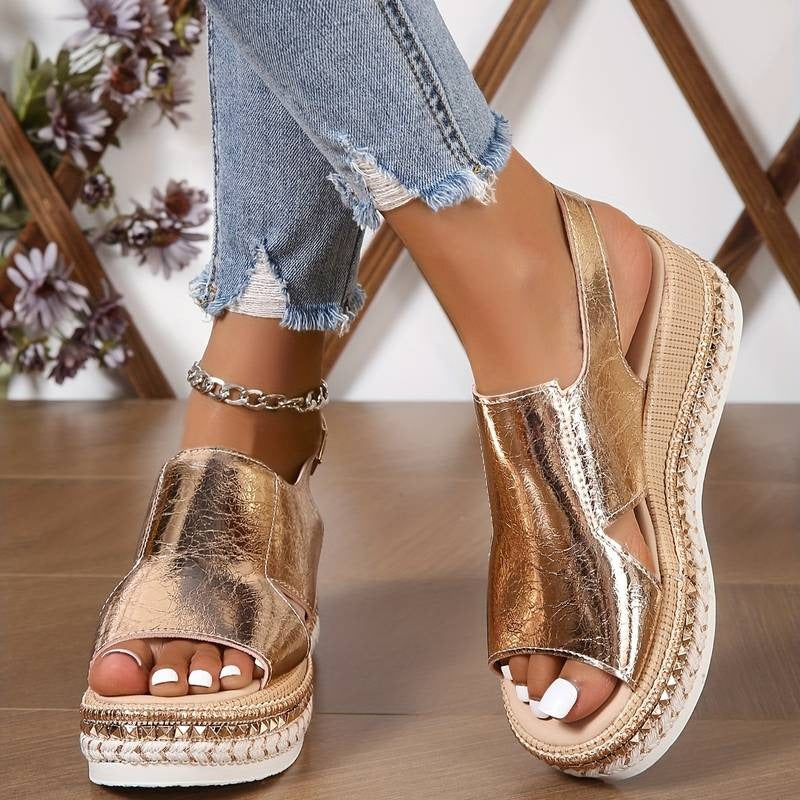 Women's Wedge Platform Sandals with Ankle Strap and Buckle