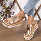Women's Wedge Platform Sandals with Ankle Strap and Buckle