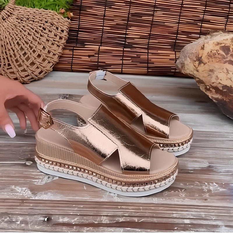 Women's Wedge Platform Sandals with Ankle Strap and Buckle
