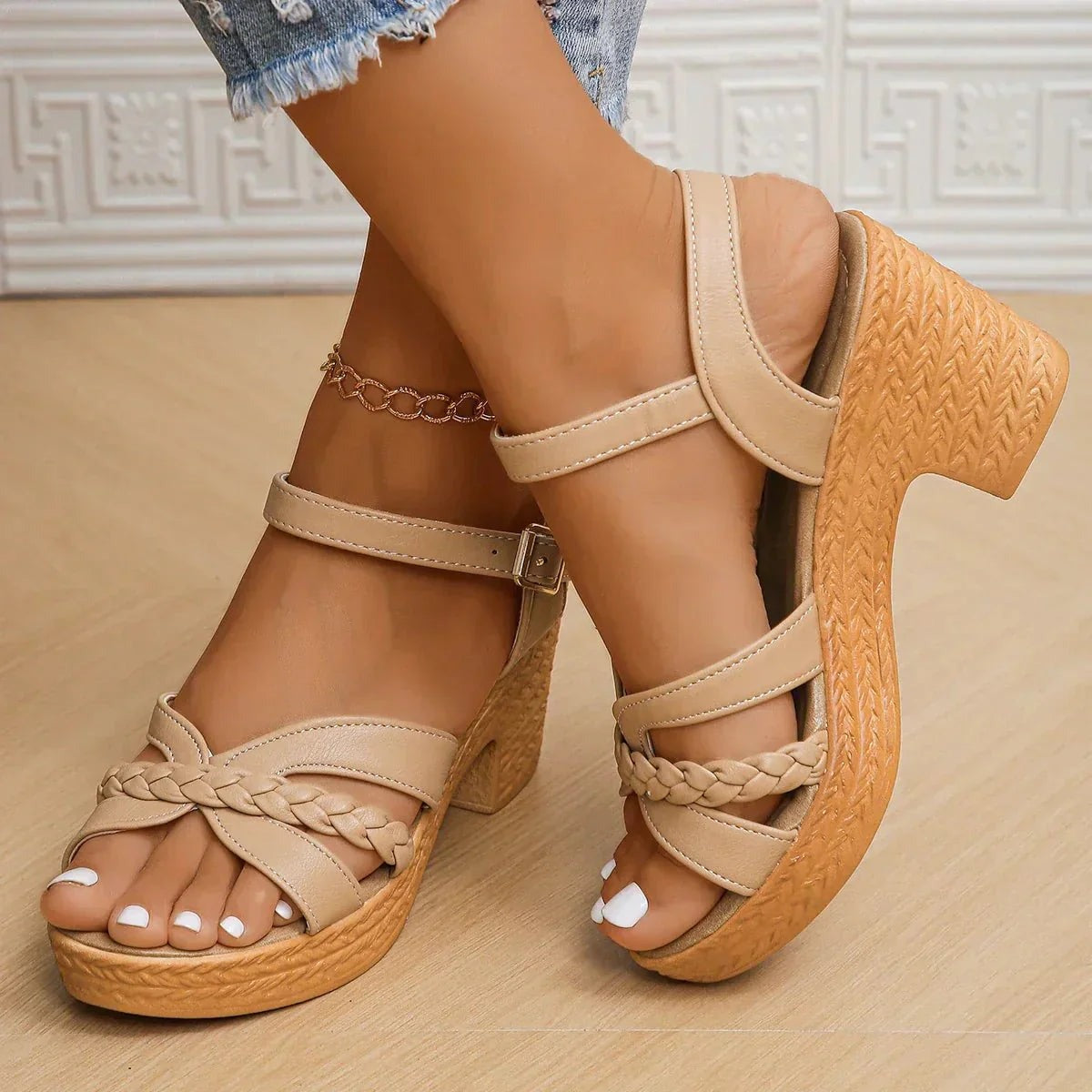 Women's Wedge Platform Sandals with Braided Strap and Ankle Strap