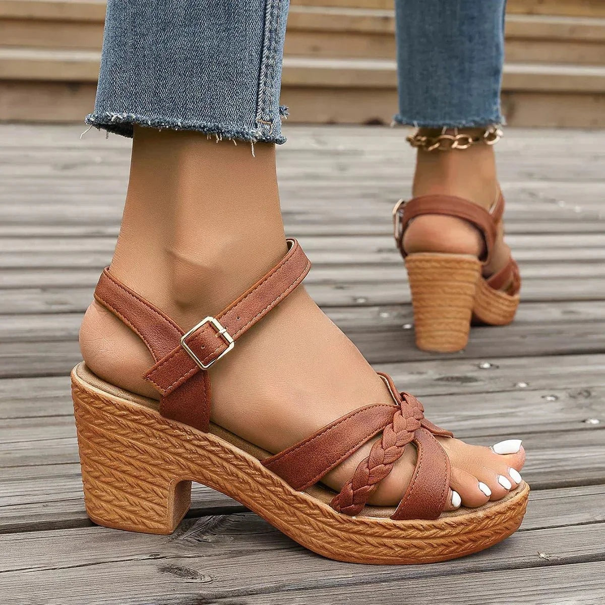 Women's Wedge Platform Sandals with Braided Strap and Ankle Strap