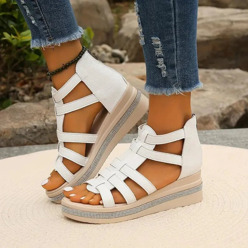 Women's Wedge Platform Sandals with Embellished Sole and Rear Zip