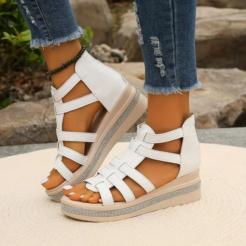 Women's Wedge Platform Sandals with Embellished Sole and Rear Zip