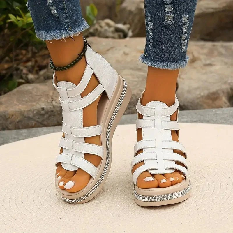 Women's Wedge Platform Sandals with Embellished Sole and Rear Zip