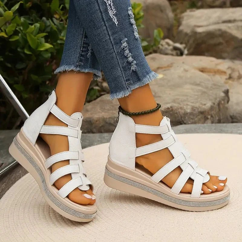Women's Wedge Platform Sandals with Embellished Sole and Rear Zip