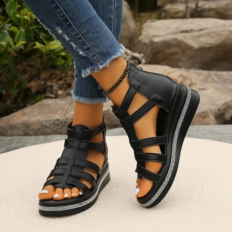 Women's Wedge Platform Sandals with Embellished Sole and Rear Zip