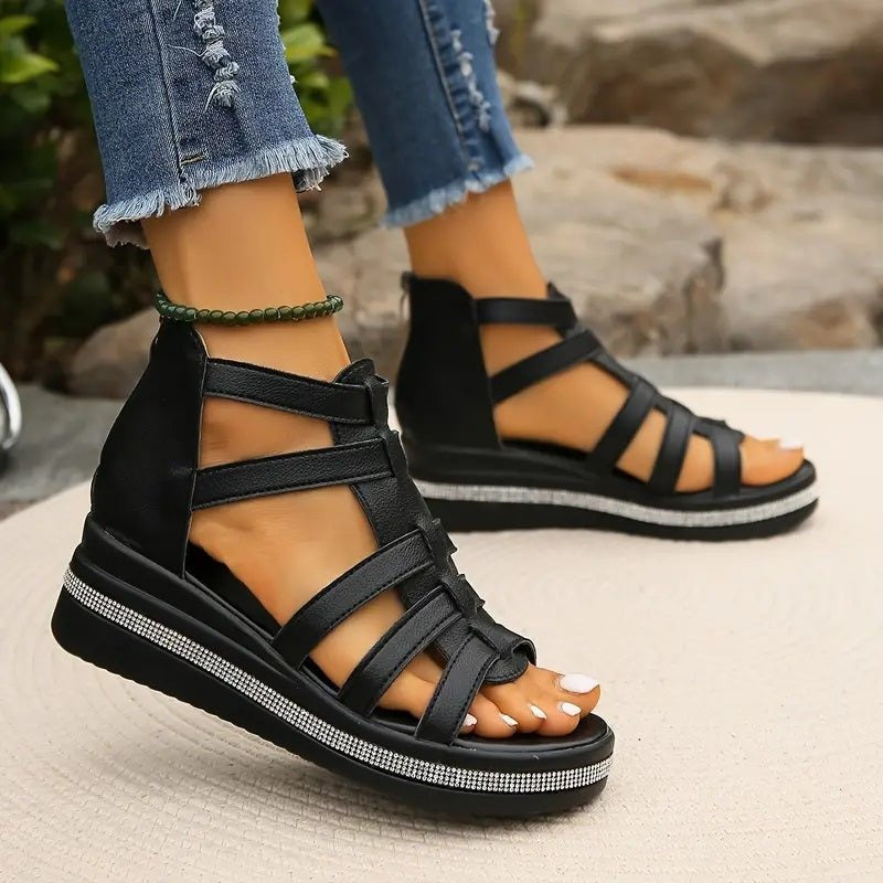 Women's Wedge Platform Sandals with Embellished Sole and Rear Zip