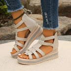 Women's Wedge Platform Sandals with Embellished Sole and Rear Zip