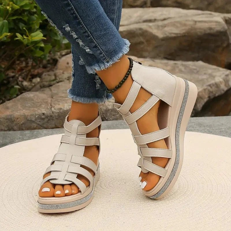 Women's Wedge Platform Sandals with Embellished Sole and Rear Zip