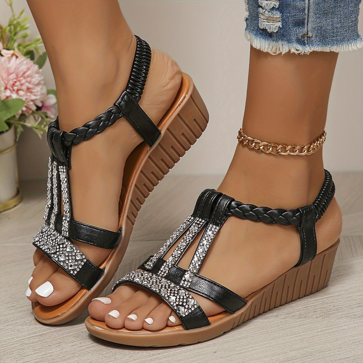 Women's Wedge Platform Sandals with Embellished T-Bar Strap
