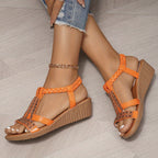 Women's Wedge Platform Sandals with Embellished T-Bar Strap