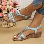 Women's Wedge Platform Sandals with Embellished T-Bar Strap