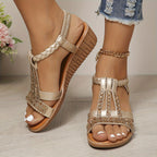 Women's Wedge Platform Sandals with Embellished T-Bar Strap