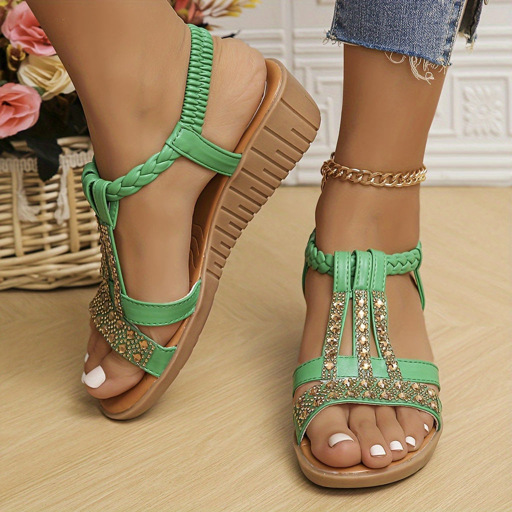 Women's Wedge Platform Sandals with Embellished T-Bar Strap