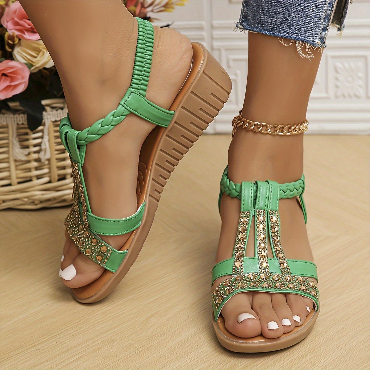 Women's Wedge Platform Sandals with Embellished T-Bar Strap