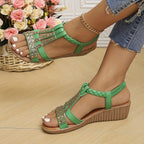 Women's Wedge Platform Sandals with Embellished T-Bar Strap
