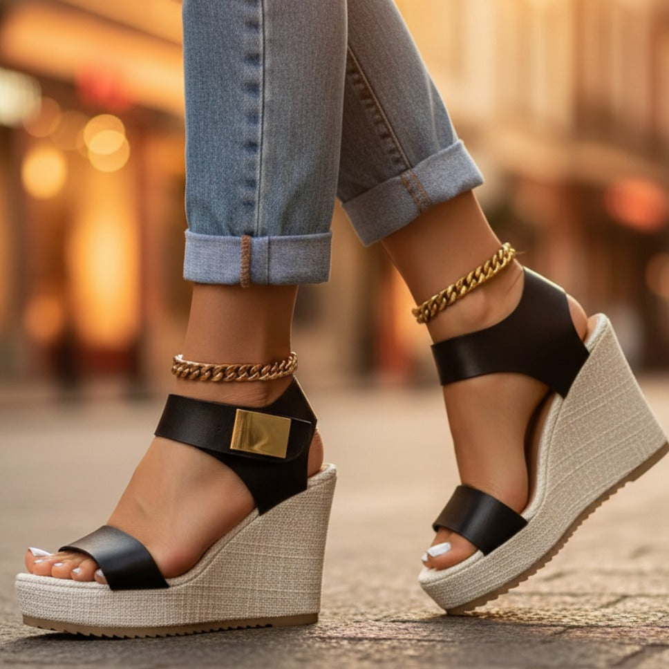 Women's Wedge Platform Sandals with Gold-Tone Ankle Strap