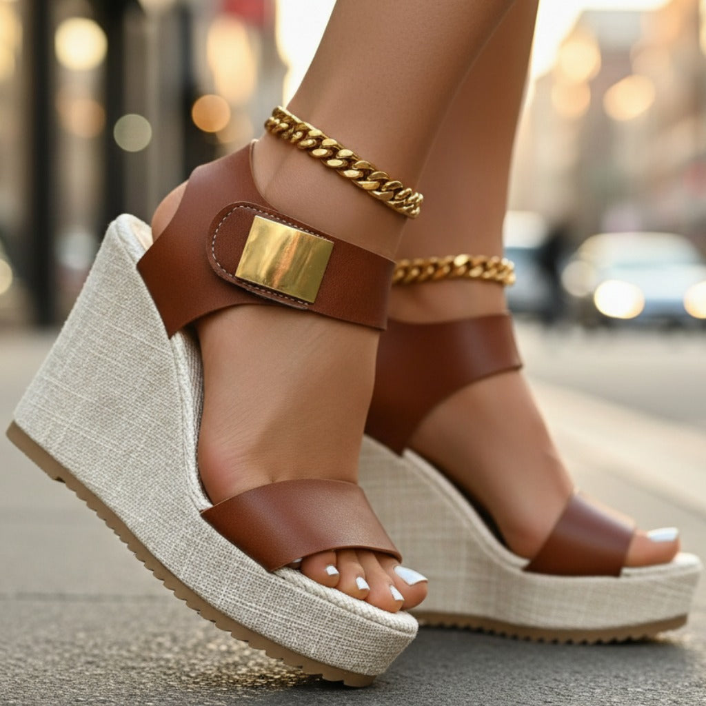 Women's Wedge Platform Sandals with Gold-Tone Ankle Strap