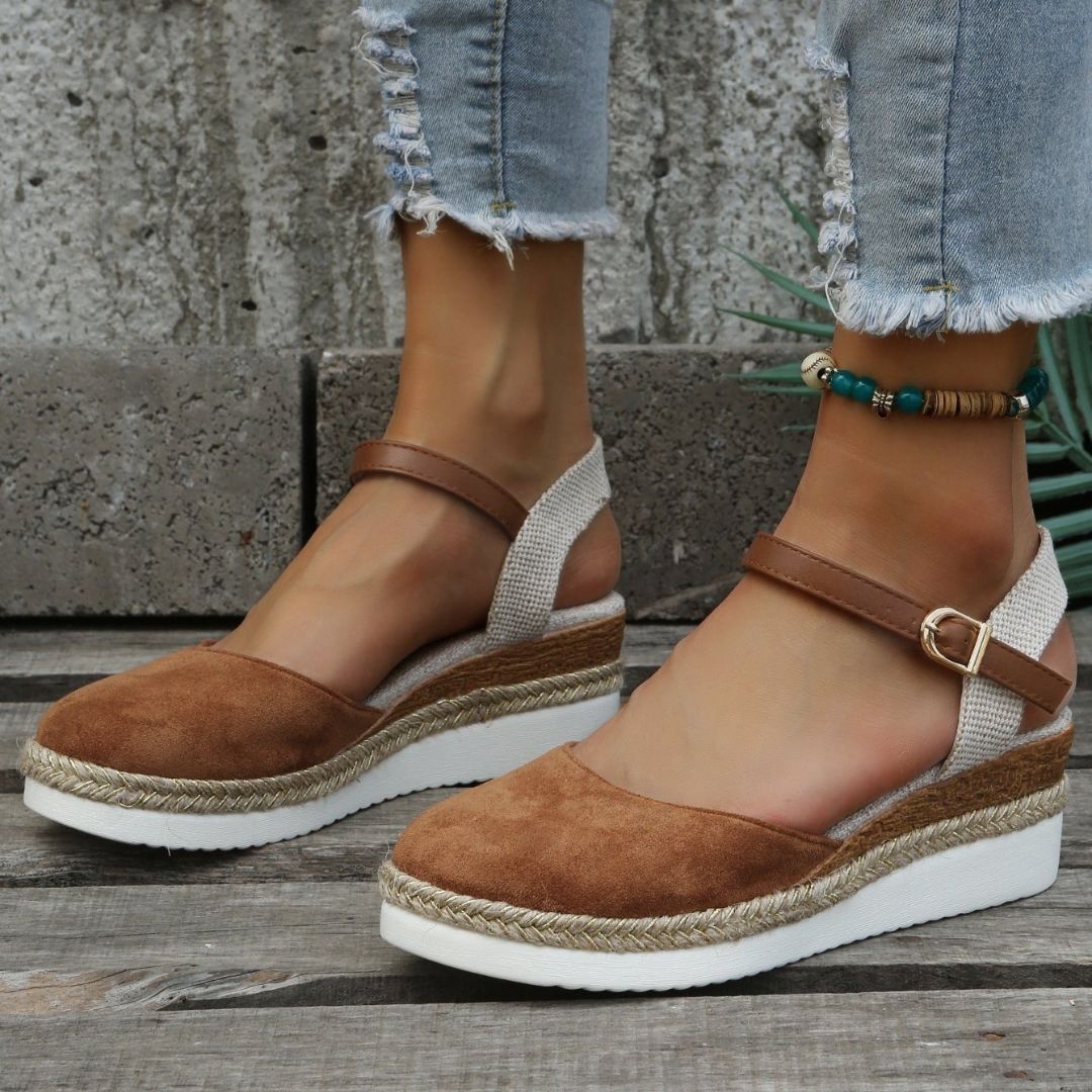 Women's Wedge Sandals with Ankle Strap Buckle Closure and Braided Platform Sole