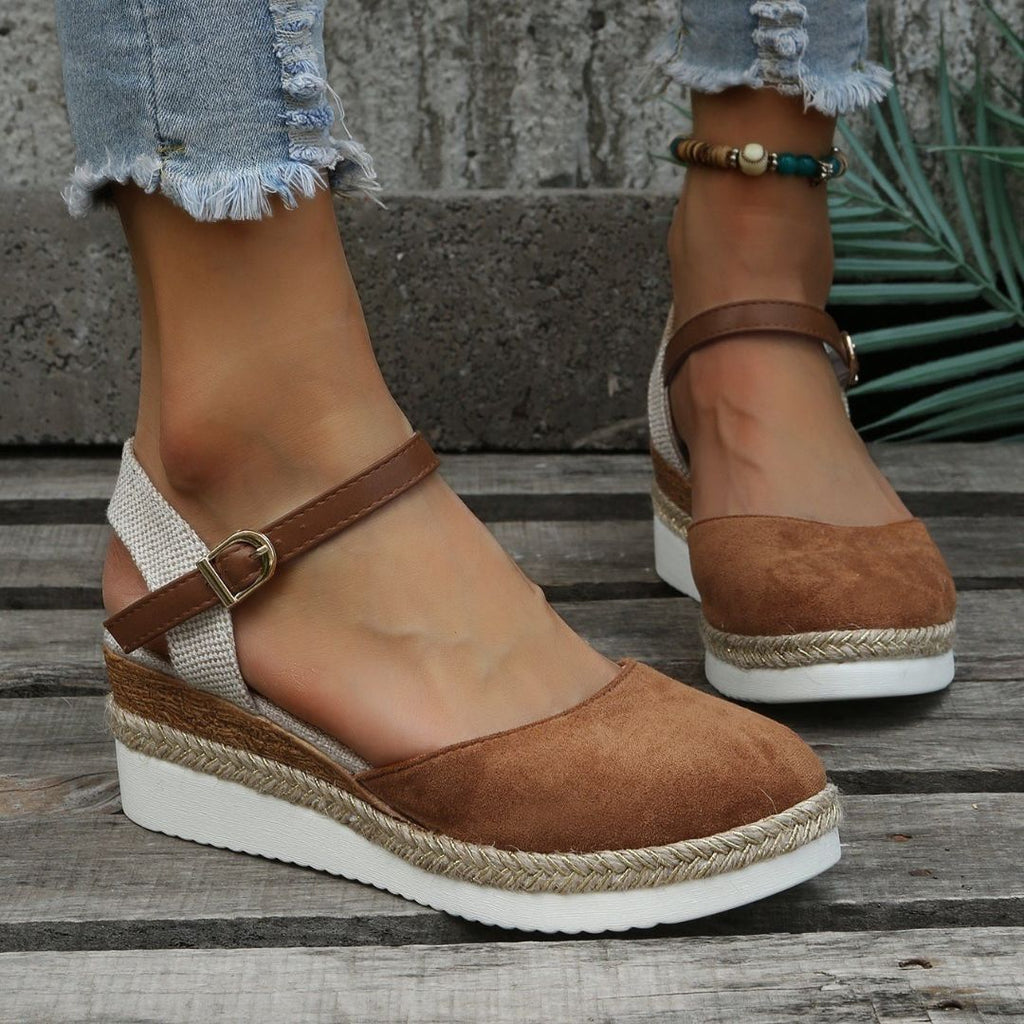 Women's Wedge Sandals with Ankle Strap Buckle Closure and Braided Platform Sole