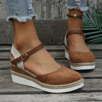 Women's Wedge Sandals with Ankle Strap Buckle Closure and Braided Platform Sole