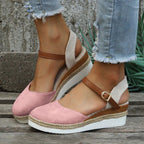 Women's Wedge Sandals with Ankle Strap Buckle Closure and Braided Platform Sole