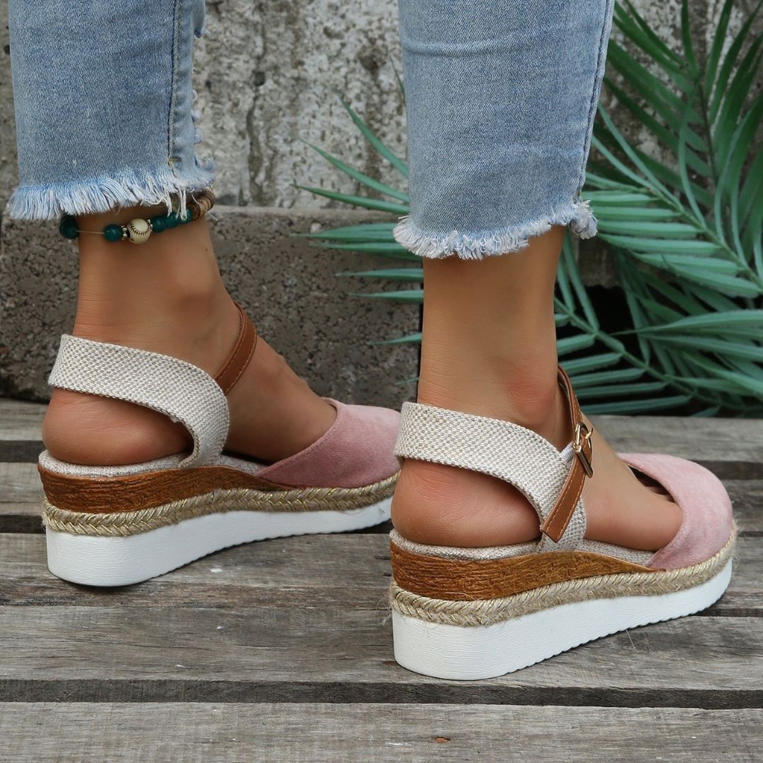 Women's Wedge Sandals with Ankle Strap Buckle Closure and Braided Platform Sole