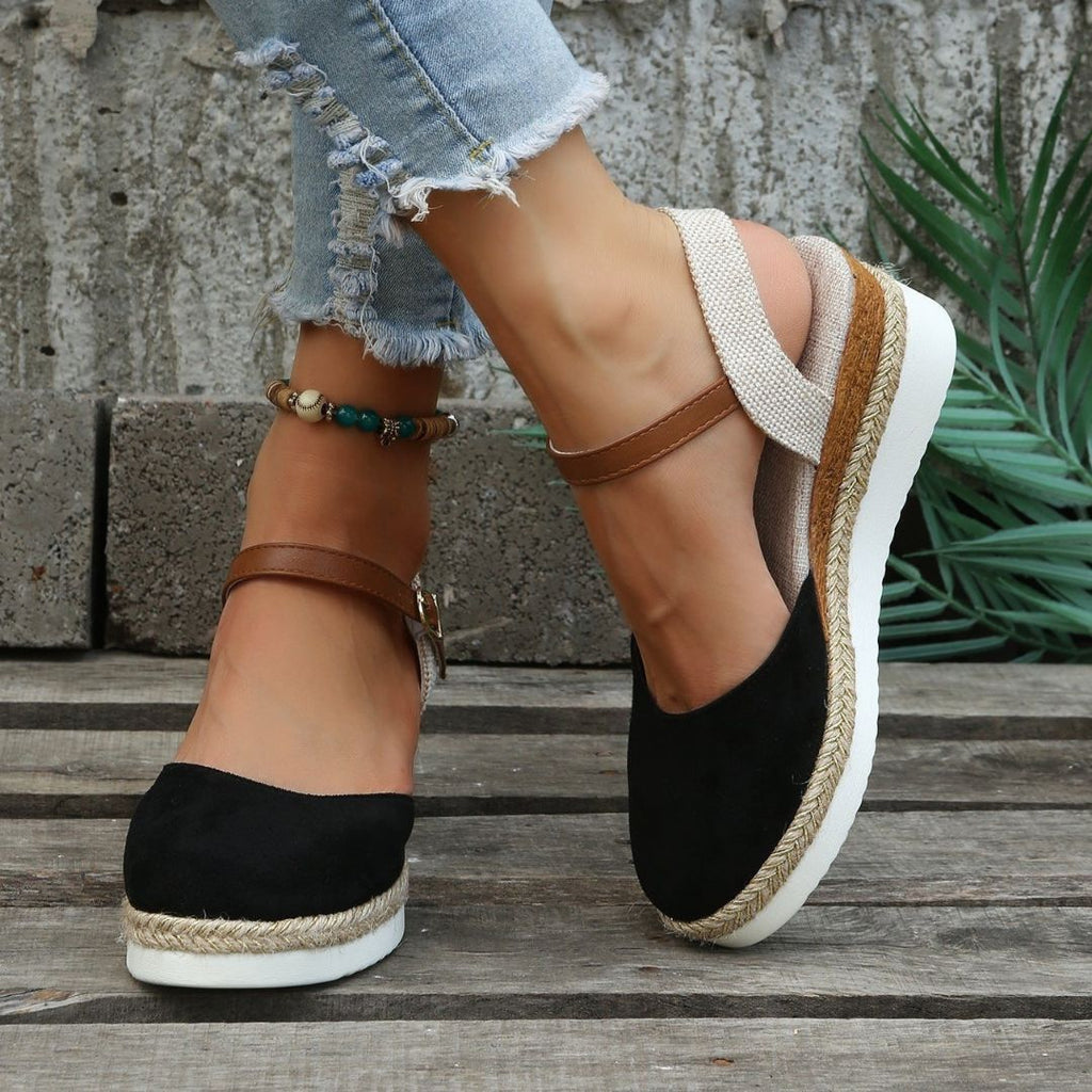 Women's Wedge Sandals with Ankle Strap Buckle Closure and Braided Platform Sole