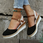 Women's Wedge Sandals with Ankle Strap Buckle Closure and Braided Platform Sole