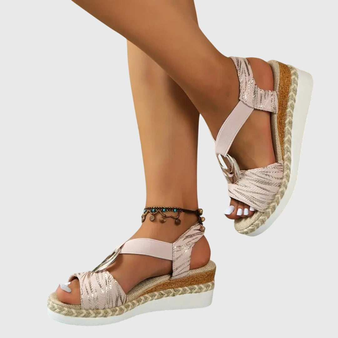 Women's Wedge Sandals with Cross Strap and Metal Ring Detail on Braided Platform Sole