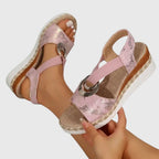 Women's Wedge Sandals with Cross Strap and Metal Ring Detail on Braided Platform Sole