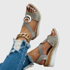 Women's Wedge Sandals with Cross Strap and Metal Ring Detail on Braided Platform Sole