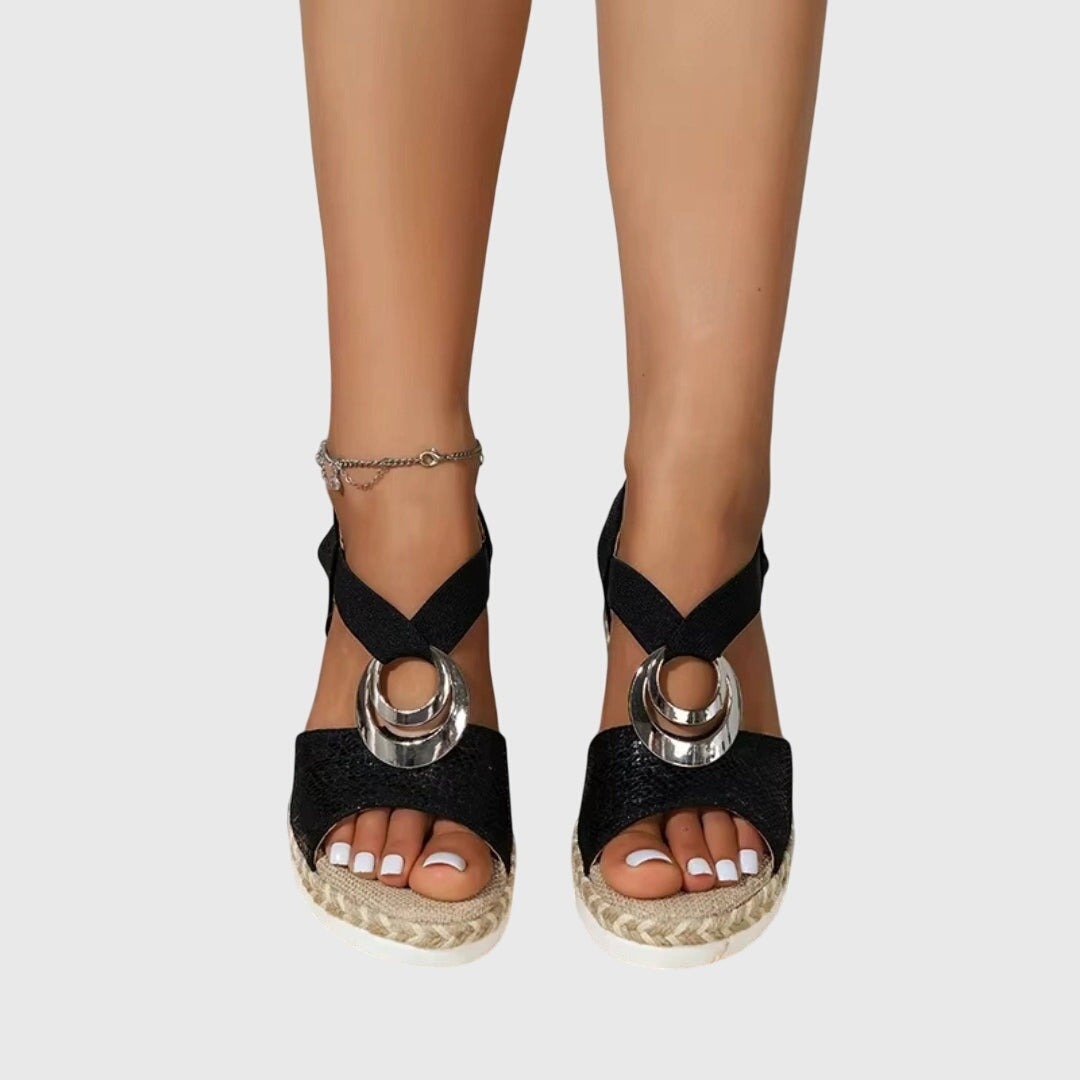 Women's Wedge Sandals with Cross Strap and Metal Ring Detail on Braided Platform Sole