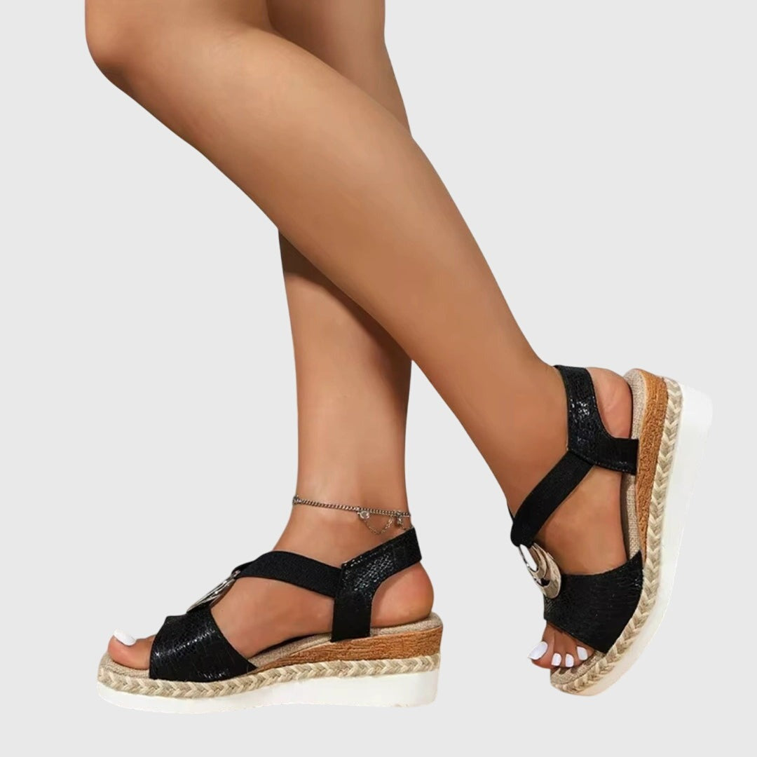 Women's Wedge Sandals with Cross Strap and Metal Ring Detail on Braided Platform Sole