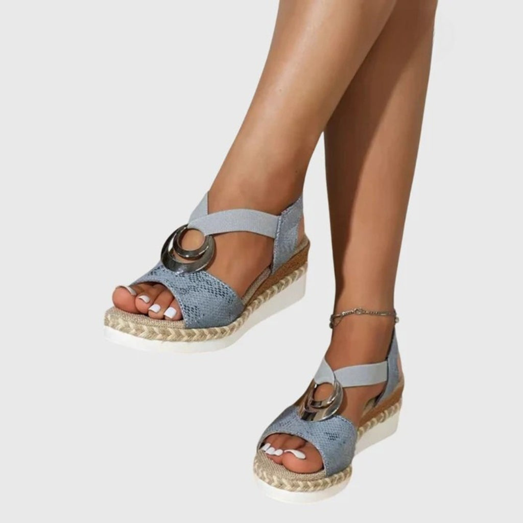 Women's Wedge Sandals with Cross Strap and Metal Ring Detail on Braided Platform Sole
