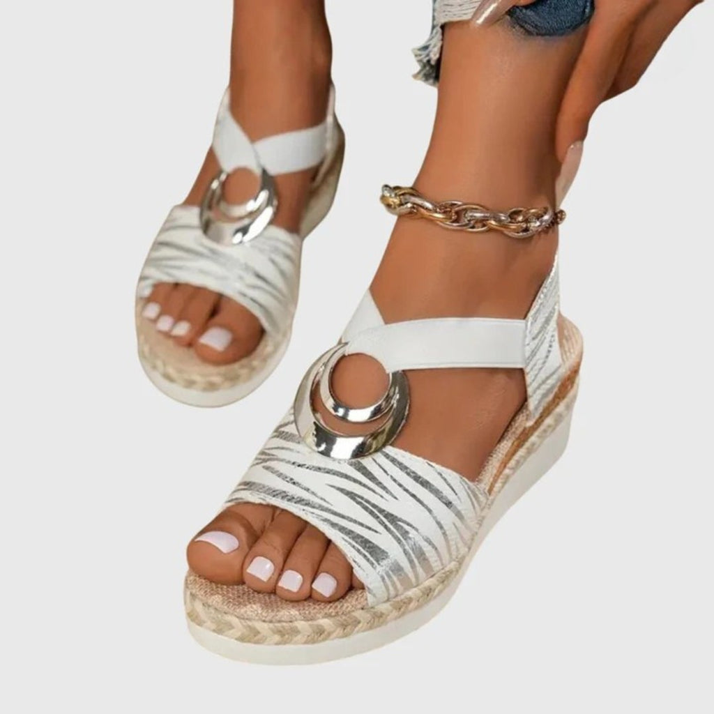 Women's Wedge Sandals with Cross Strap and Metal Ring Detail on Braided Platform Sole