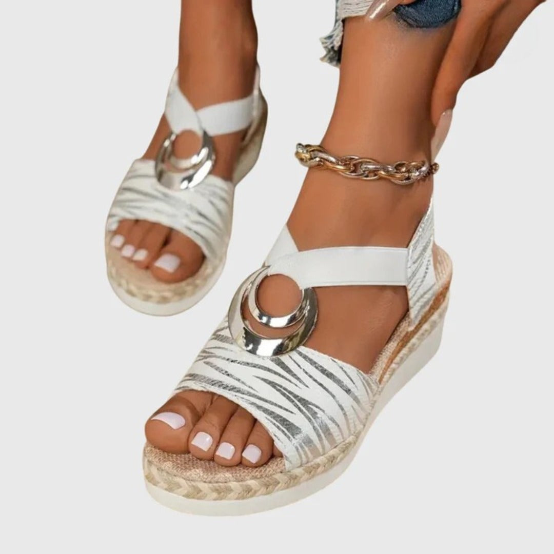 Women's Wedge Sandals with Cross Strap and Metal Ring Detail on Braided Platform Sole